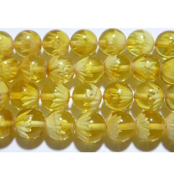天然ゴールデンアンバー （天然琥珀） 丸玉 8mm （睡蓮の花、内彫） A　　　※ 天然石ビーズ 天...