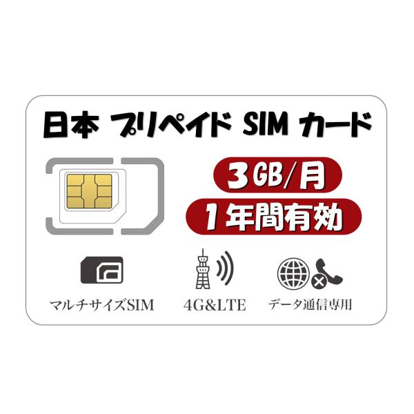 日本 プリペイドSIM 3GB/月1年間有効 Docomo回線 4G-LTE対応 データ通信専用SI...
