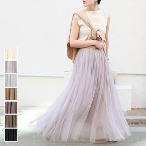 セール★1859円→1490円 メール便不可 チュールスカート レディース ギャザー フレア ウエストゴム ロング アンクル丈 Aライン 裏地 21aw coca コカ