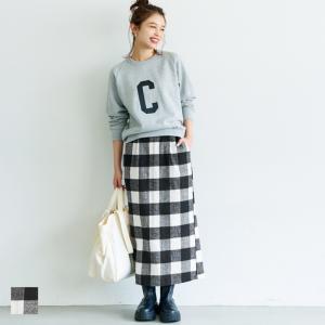 スカート レディース ブロックチェック Iライン タイトスカート 起毛 厚手 ストレート ウエストゴム スリット メール便不可 22aw coca コカ