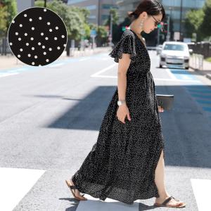 ワンピース レディース ドット ロング丈 ロングワンピース ミディ丈 半袖 カシュクール フレアスリーブ 水玉 値下げ★2690円→990円【メール便不可】 19ss コカ
