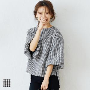 不可 ブラウス レディース ギンガム チェック バルーンスリーブ