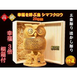 フクロウ 置物 木彫り ふくろう 縁起物 桐箱付き : コッキーYahoo!店