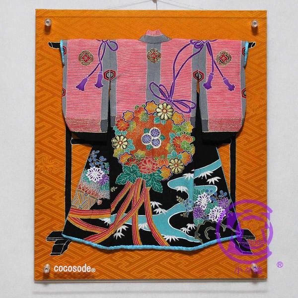 御簾に薬玉模様のミニチュア着物黒色