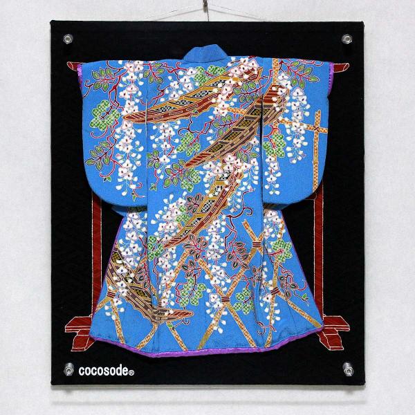 舟と藤花模様のミニチュア着物（額装付き）青地