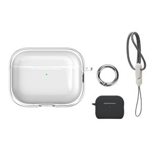 AirPods Pro 3 ケース シリコン カバー カラナビ付き 透明＆ブラック 耐衝撃 軽量 ソフト・ハード素材 Apple アップル エアポッズ プロ スリー AirPods Pro 第3