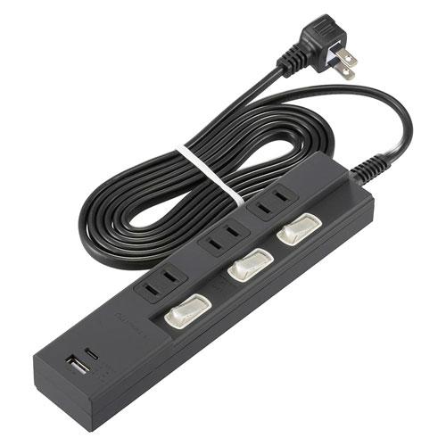 オーム電機 3個口節電タップ PD対応Type-C/Type-Aポート付き 2m ブラック HS-T...