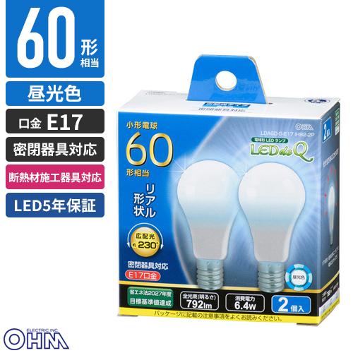 オーム電機 5年保証 LEDミニクリプトン形 E17 60W形相当 昼光色 2個入り LDA6D-G...