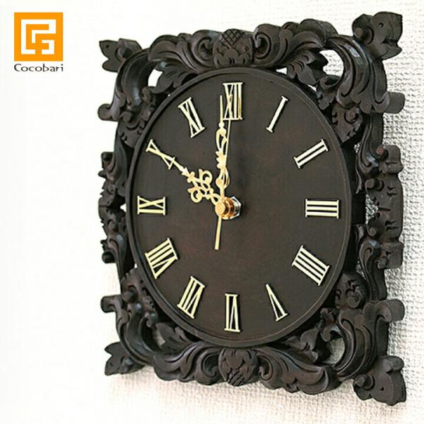 木製レリーフ時計 ロータス24cm アジアン雑貨 バリ 掛け時計 壁掛け おしゃれ 蓮 木彫り バリ...