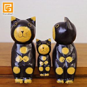 バリネコS(カップル＆魚) 切り株付き アジアン雑貨 バリ 猫 置物