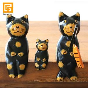 バリネコS(親子)釣り(ブラック)  アジアン雑貨 バリ 猫 置物 グッズ  プレゼント 人形 木製 木彫り ココバリ
