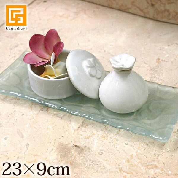 ガラス製プレート(フランジパニ)9×23cm 透明シール4つ貼付   アクセサリートレイ プルメリア...