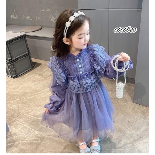 再入荷人気ドレス子ども長袖ドレスパープルこどもワンピース 入学式入園式服子供服女の子卒園式フォーマル...