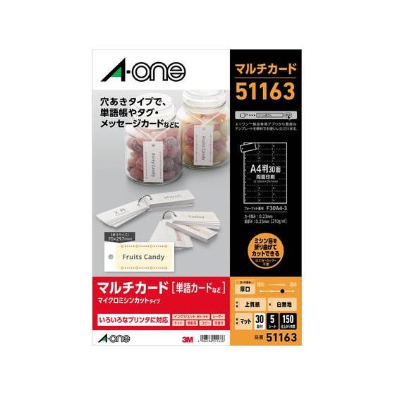 エーワン マルチカード単語帳カード穴あきタイプ A4 30面 5枚 51163 インクジェット用紙