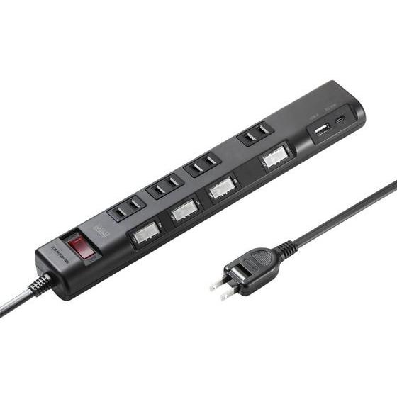 サンワサプライ 節電タップ 2P 4個口 3m ブラック TAP-B107UC-3BK コード付き電...