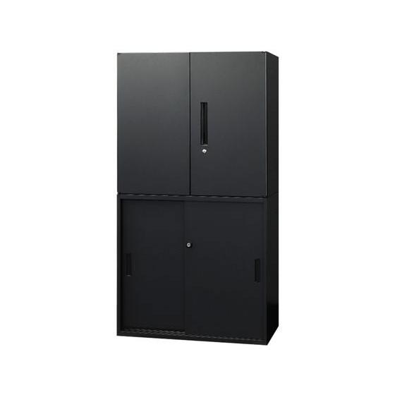 【メーカー直送】Netforce 両開き+引戸書庫 2段 幅800×奥行400 ブラック【代引不可】...