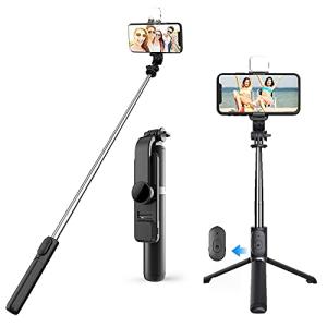 RAKUMIN 自撮り棒 補光ライト付き bluetooth 無線対応セルカ棒 スマホ 三脚/一脚一体化 360°回転 7段階伸縮 最長1M ipho