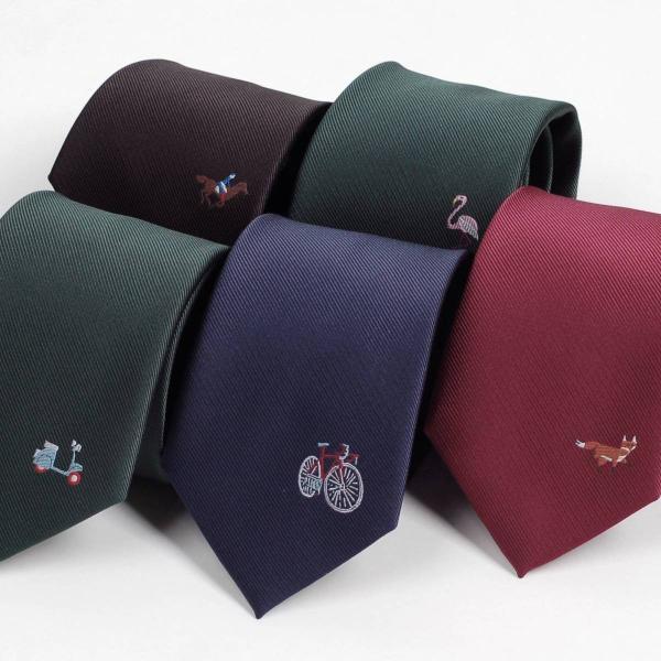 ネクタイ メンズ ソリッド 無地 ワンポイント ロゴ 刺繍 自転車 競馬 キツネ バイク フラメンゴ...