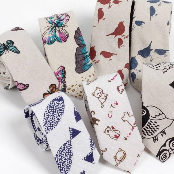 ネクタイ メンズ 生き物 猫、鳥、蝶 リネン コットン素材 おしゃれ 淡い色合いの感じ 自然モチーフ...