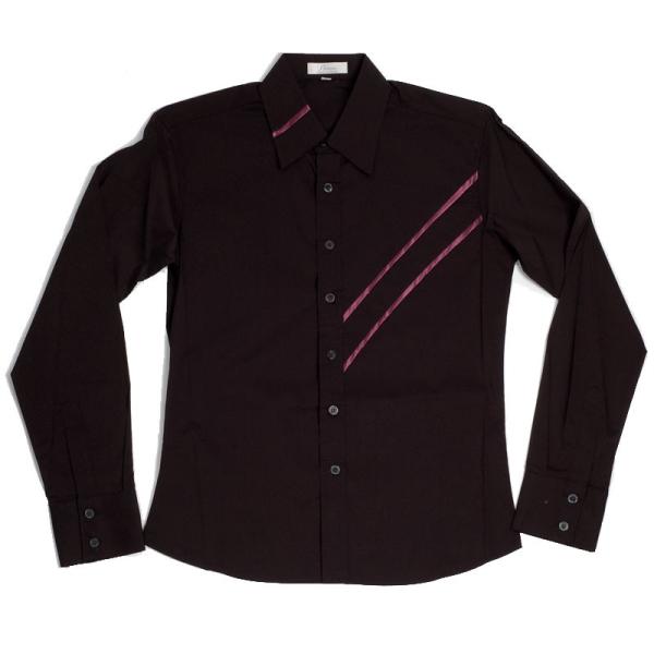 シャツ メンズ 長袖 カジュアル ストレッチ スリムシャツ 細身シャツ ブラック 黒色 パープル・ラ...