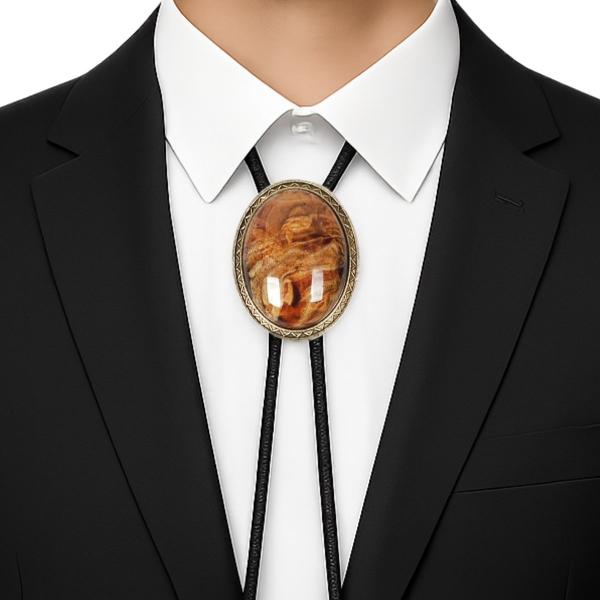 ループタイ ボロタイ ナチュラル ストーン ネクタイ代わり ブラウン、ゴールド系ストーン オーバル ...