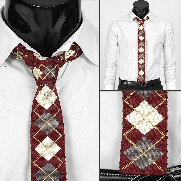 ネクタイ　メンズ　ニット ネクタイ 四角チェック パターン ワイン色 大剣幅5cm nt686