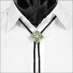 ループタイ ボロタイ 花柄 ダイヤ形 ペンダント ブルー＆ゴールド色