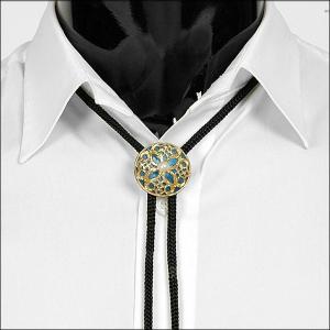 ループタイ ボロタイ 花柄 サークル ペンダント ブルー＆ゴールド色