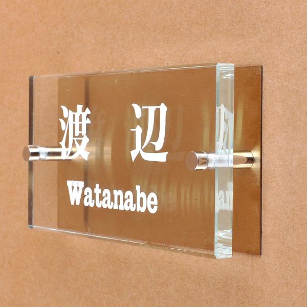 表札のアトリエ ガラス表札 白文字 銅板付き 150x80mm  シンプル３