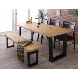 天然木無垢材ヴィンテージデザインダイニング NELL ネル 5点セット(テーブル+チェア3脚+ベンチ1脚) ベンチ3P W180