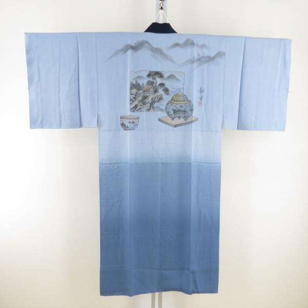 襦袢 正絹 男性用 茶屋辻に壺 灰青色 袷 長襦袢 メンズ 着物用 身丈132cm