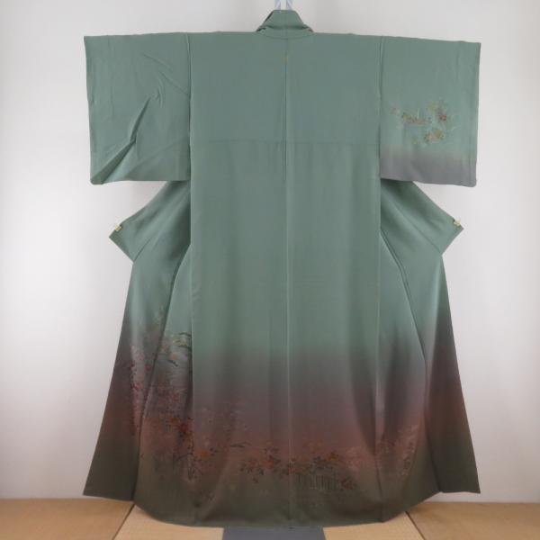 訪問着 刺繍 ぼかしに花文様 緑色 茶色 袷 広衿 正絹 一つ紋 五三桐文 仕立て上がり着物 身丈1...