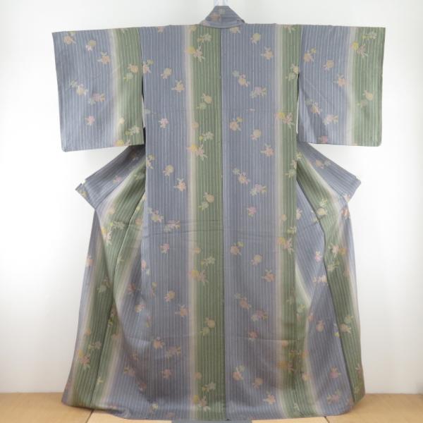 小紋 箔 ぼかし 縞に桜文様 単衣 広衿 正絹 緑色 青紫色 仕立て上がり カジュアル 身丈163c...