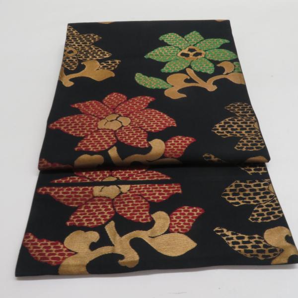 袋帯 花唐草文様 黒色 金糸 正絹 全通柄 着物帯 長さ424cm