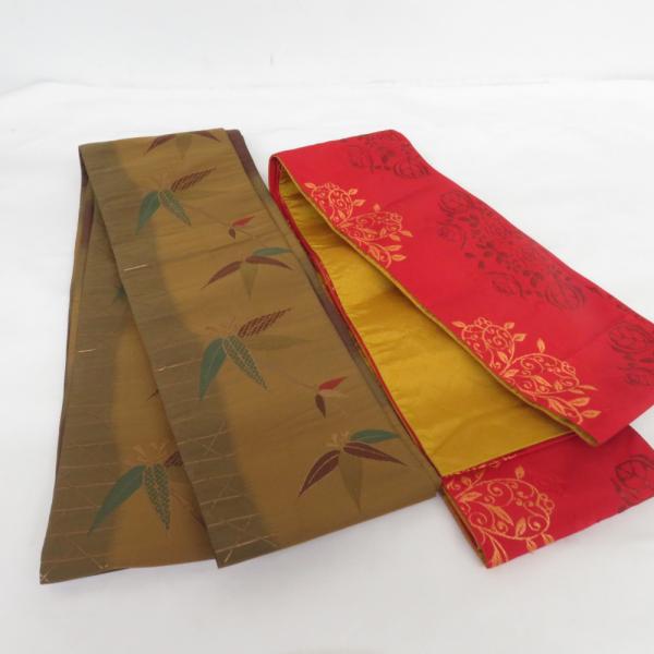 半幅帯 2本セット ポリエステル100% ブラウン 笹竹 x レッド 薔薇 半巾帯 細帯 洗える 仕...