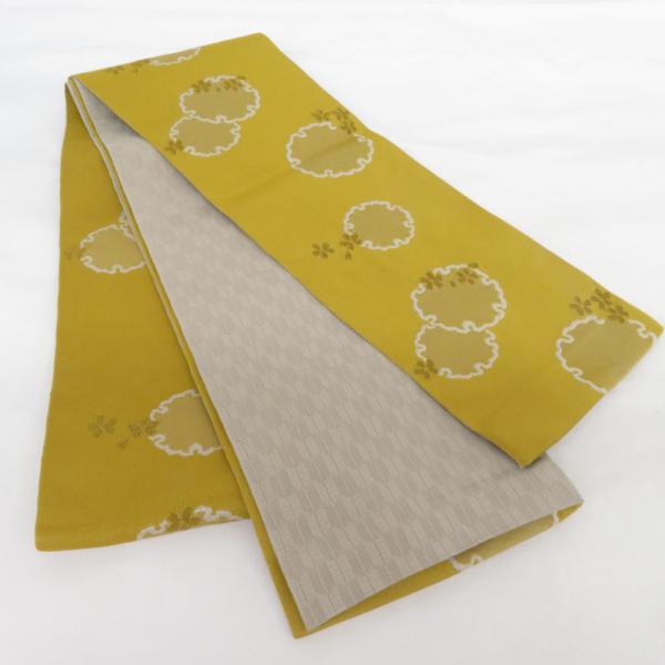 半幅帯 リバーシブル半巾帯 ポリエステル 黄色ｘ灰色 雪輪と桜ｘ矢羽根 小袋帯 仕立て上がり 長さ3...