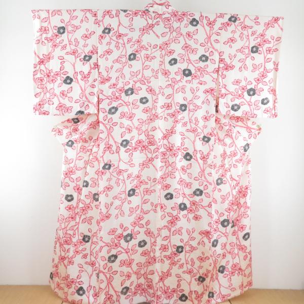 小紋 箔 鹿の子に椿文様 単衣 広衿 ベージュ色 正絹 仕立て上がり カジュアル着物 身丈155cm