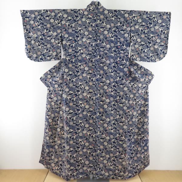 小紋 縮緬 菊文様 単衣 広衿 紺色 正絹 仕立て上がり カジュアル着物 身丈152cm