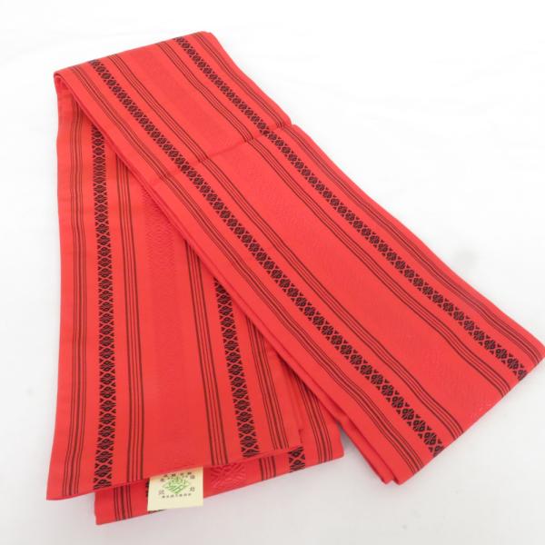 博多織 半幅帯 高橋絹織 献上柄 正絹 証紙付 赤橙色 半巾帯 小袋帯 長さ345cm