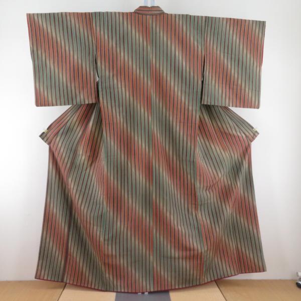 小紋 縞文様 胴抜き単衣 バチ衿 茶色 ポリエステル 洗える着物 仕立て上がり カジュアル 身丈15...