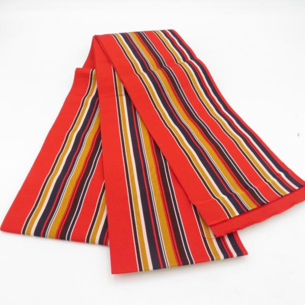 博多織 半幅帯 縞柄 赤色 正絹 半巾帯 小袋帯 カジュアル 長さ360cm