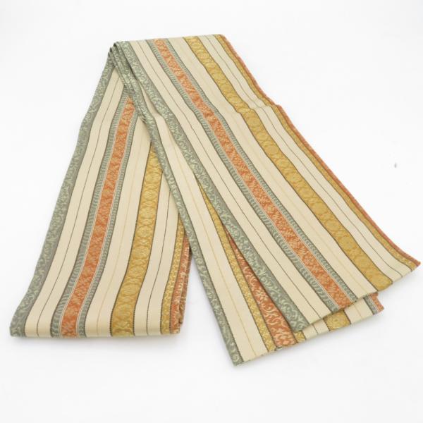 半幅帯 緞子 飾り縞柄 金糸 黄土色 正絹 半巾帯 小袋帯 カジュアル 長さ360cm