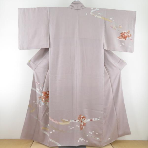 訪問着 箔 刺繍 誰が袖文様 紫色 袷 広衿 正絹 紋なし 仕立て上がり着物 身丈153cm