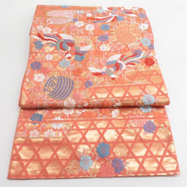 袋帯 振袖用 桜に鳳凰文様 桃橙色 金糸 唐織 六通柄 正絹 仕立て上がり 着物帯 長さ424cm