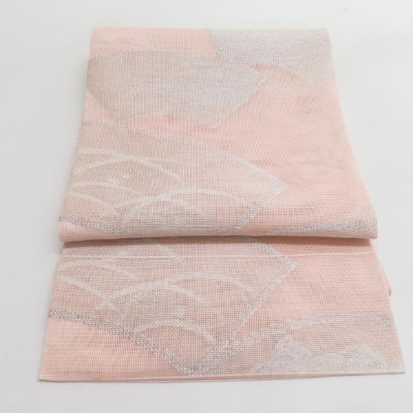 袋帯 夏用 扇面柄 桃色 銀糸 六通柄 正絹 芯なし仕立て なし 着物帯 長さ432cm