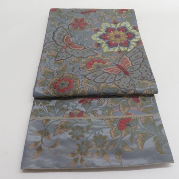 袋帯 花蝶文様 青灰色 六通柄 正絹 礼装 フォーマル 着物帯 長さ432cm