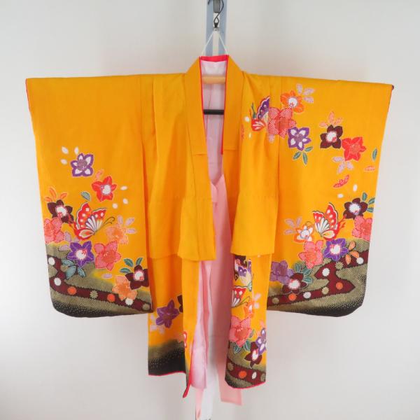 子供着物 女の子用 四つ身 襦袢セット 箔 花蝶文様 黄色 アセテート 洗える 袷 フォーマル 子供...