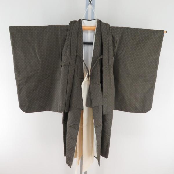 子供着物 男の子用 四つ身 襦袢・被布セット 灰黒緑色 橘家紋の地紋 正絹 5歳 フォーマルきもの ...