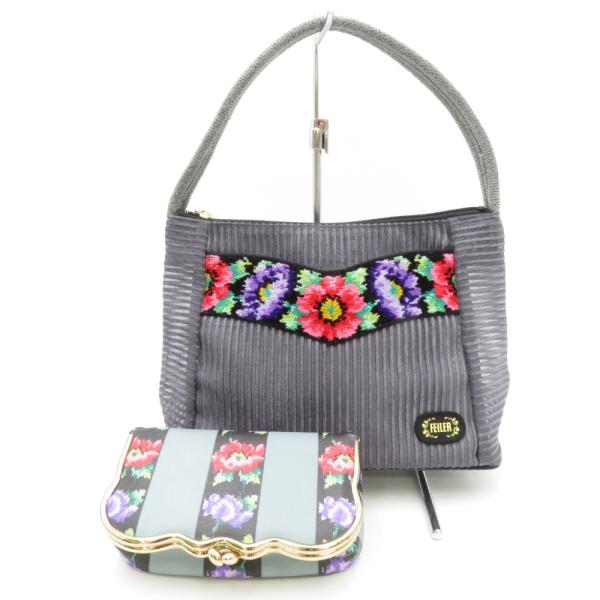 FEILER フェイラー ハンドバッグ ワンハンドル  がま口ポーチ 小物入れ ブルージュ グレー ...