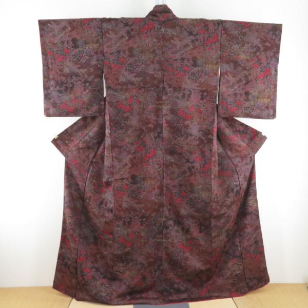 小紋 縮緬 箔 花鳥文様 袷 広衿 赤茶色 正絹 仕立て上がり カジュアル着物 身丈160cm